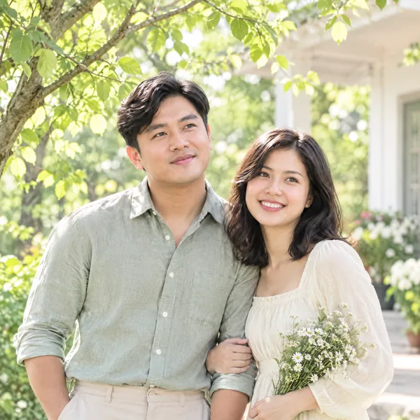 Minh Triết và Tú Anh trong vườn