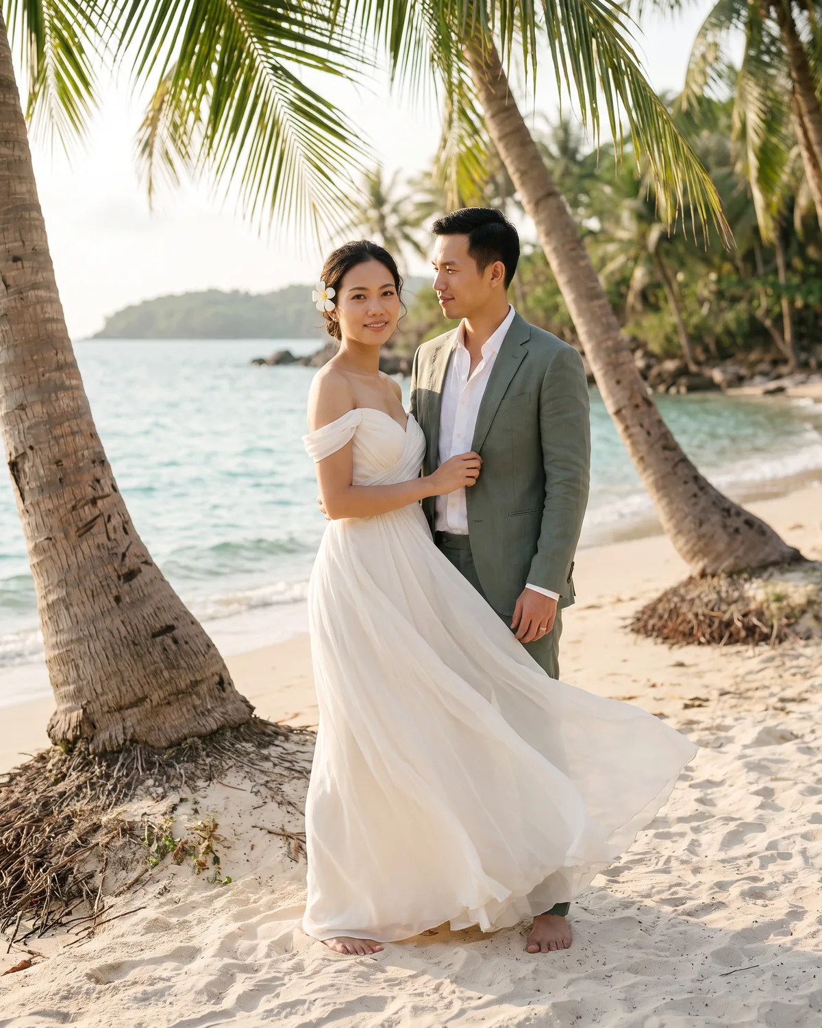 Cô dâu chú rể giữa hàng dừa trên bãi cát trắng