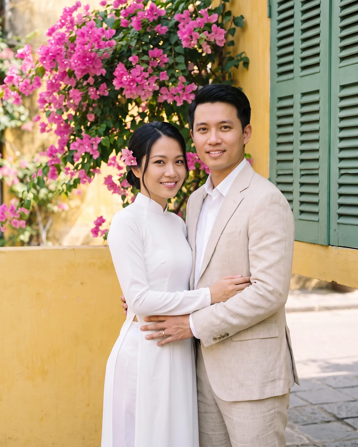 Cô dâu chú rể bên tường vàng phủ hoa giấy, phố Hội