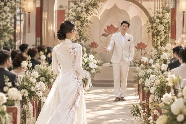 Cô dâu trong tà áo dài trắng bước về phía chú rể
