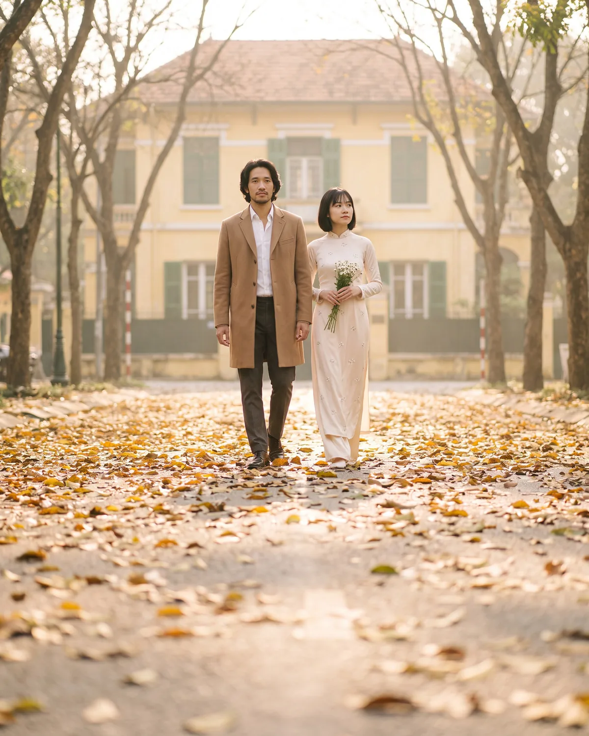 Gia Khánh và Hoài Thu dạo con đường lá vàng trước biệt thự Pháp