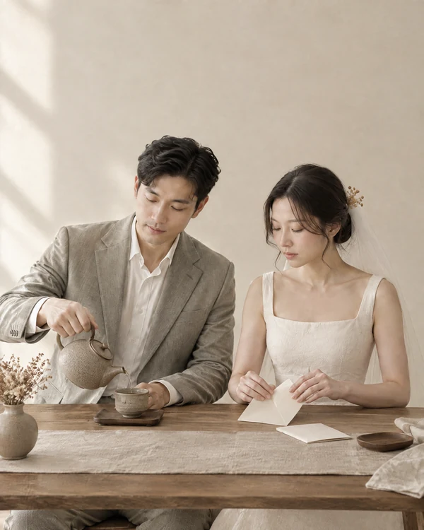 Thiện Nhân rót trà, Diệp Chi mở phong thư bên bàn gỗ