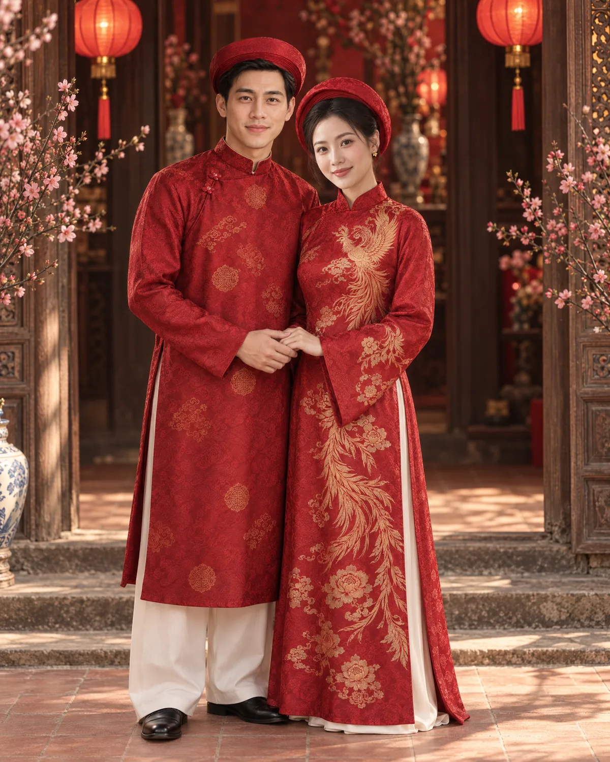 Minh Quân và Thảo Vy trong sân nhà cổ ngày Tết